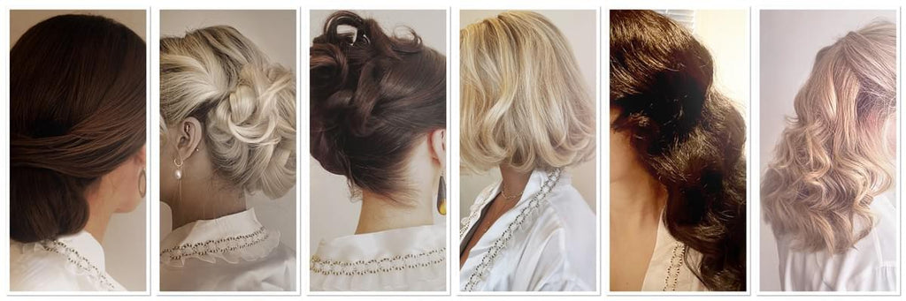 Collage of six different hairstyles with women wearing white blouses.