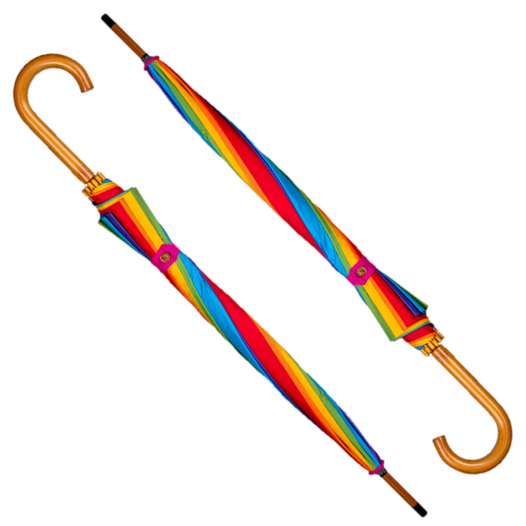 Rainbow-colored umbrella with wooden handle on a white background