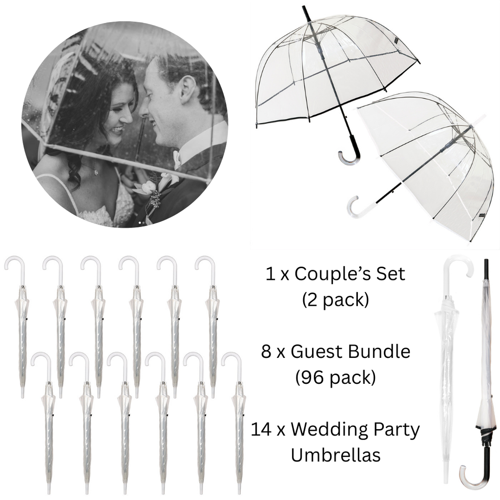 Collection of clear umbrellas with promotional text on a white background. 2 extra large wedding size dome wedding umbrella pack including a couple's set with 1 black trim and 1 white trim dome umbrellas, 8 sets of 12 packs of clear dome guest umbrellas and 14 black trim clear dome umbrellas for the wedding party (7 bridesmaids and 7 groomsmen)
