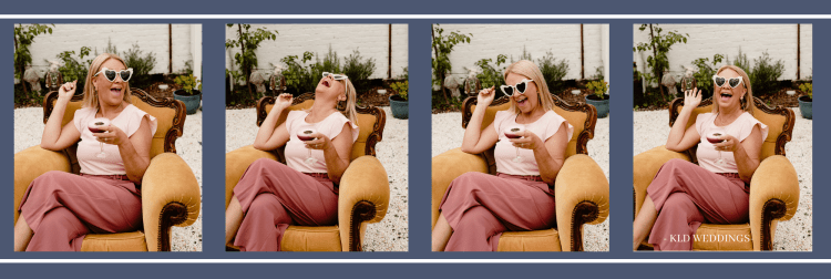 Collage of a woman sitting in a chair with a drink, wearing sunglasses and a pink outfit.