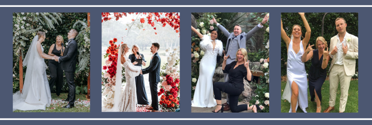Collage of wedding photos with couples in various settings.
