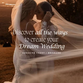 Two people in wedding attire embracing with text overlay about creating a dream wedding on the Sunshine Coast and Brisbane.