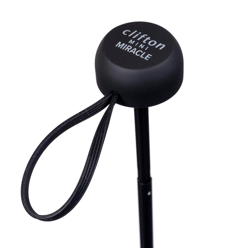 classic black Mini Miracle, trending bridesmaid dresses, wedding theme, perfect special day, 24-month warranty, smaller, slimmer, lighter, stronger, fits in clutches, handbags, manual open, windproof, UPF50+ ultra light fabric canopy, manual close, safety cover release button, 5-fold steel & carbon fibre shaft, 6 carbon fibre rib windproof frame, matching protective pouch, smooth finished handle, colour variation disclaimer, bride, groom, groomsmen, maid of honour, moh, rain, sun, Clifton Australia umbrella