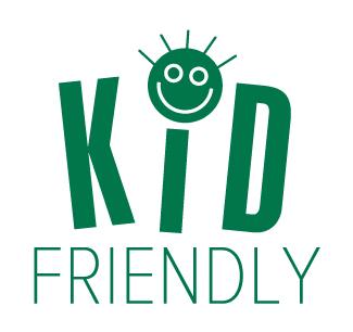 Green 'KID FRIENDLY' logo with a smiley face on a white background