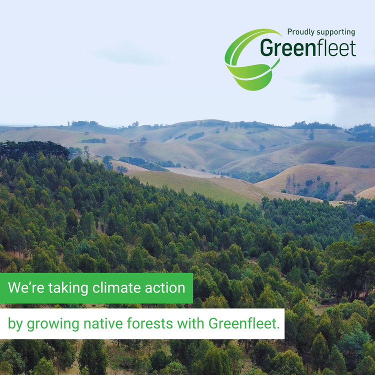 Scenic view of a forest with rolling hills and a Greenfleet logo overlay.