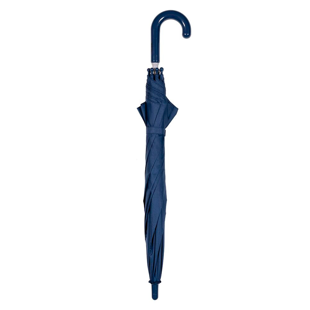 Navy blue umbrella on a white background. Navy Blue Kid Friendly Umbrella

Kids love this colourful cover and parents love the Kid Safe safety features.
245 grams; 63cm Folded Length; 78cm Coverage Across
Windproof
UPF50+ Treated Pongee Fabric Canopy
Easy-Glide Safety Runner
Simply slide up to open: Slide down to close
Strong Metal Shaft
8 Flexible Fibreglass Ribs
Protective Rounded Safety Rib Tips
Matching Colour Resin Handle
24 Month Manufacturers Warranty