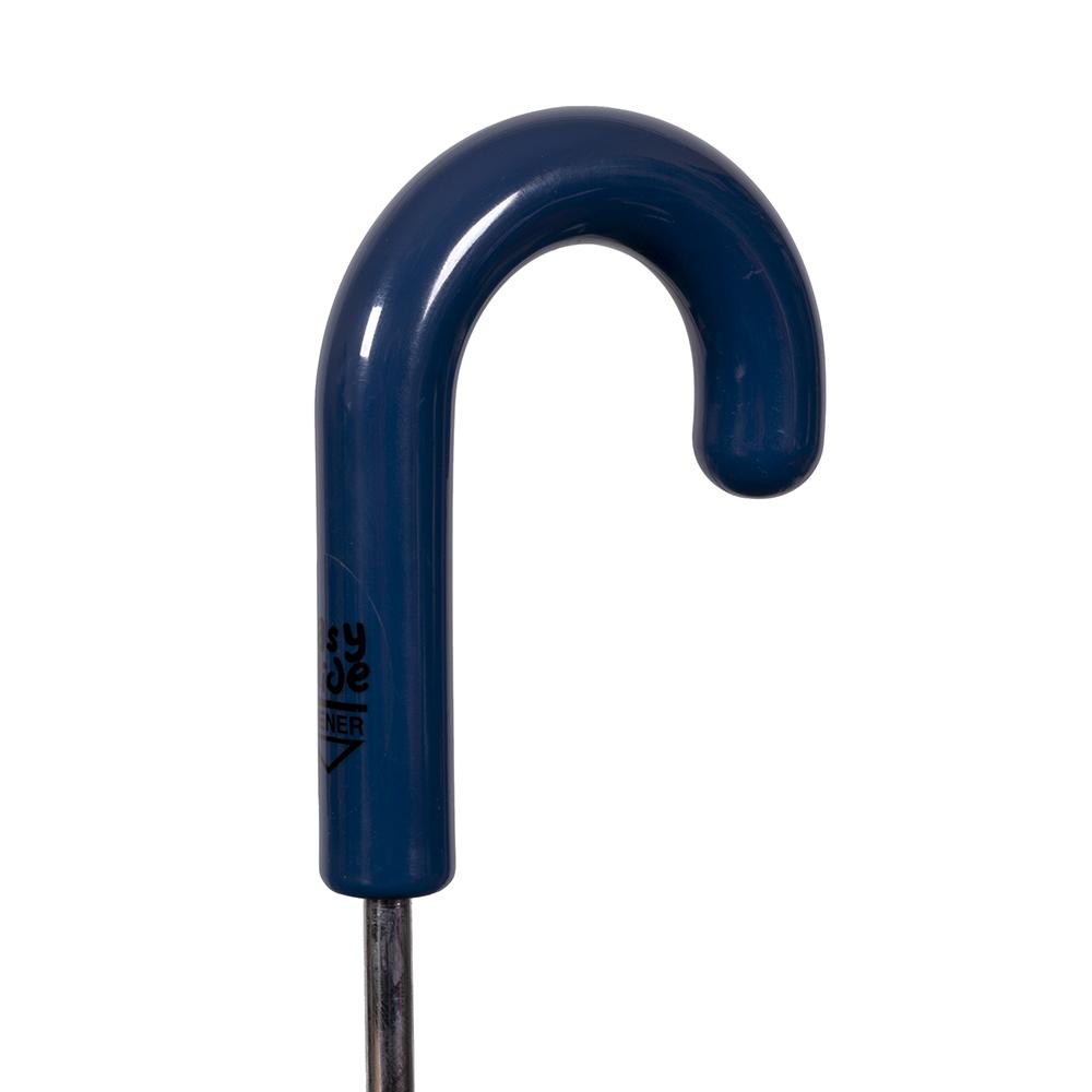 Blue curved handle on a white background. Navy Blue Kid Friendly Umbrella

Kids love this colourful cover and parents love the Kid Safe safety features.
245 grams; 63cm Folded Length; 78cm Coverage Across
Windproof
UPF50+ Treated Pongee Fabric Canopy
Easy-Glide Safety Runner
Simply slide up to open: Slide down to close
Strong Metal Shaft
8 Flexible Fibreglass Ribs
Protective Rounded Safety Rib Tips
Matching Colour Resin Handle
24 Month Manufacturers Warranty