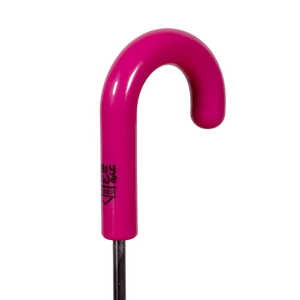Pink curved umbrella handle on a white background. Pink Kid Friendly Umbrella

Kids love this colourful cover and parents love the Kid Safe safety features.
245 grams; 63cm Folded Length; 78cm Coverage Across
Windproof
UPF50+ Treated Pongee Fabric Canopy
Easy-Glide Safety Runner
Simply slide up to open: Slide down to close
Strong Metal Shaft
8 Flexible Fibreglass Ribs
Protective Rounded Safety Rib Tips
Matching Colour Resin Handle
24 Month Manufacturers Warranty