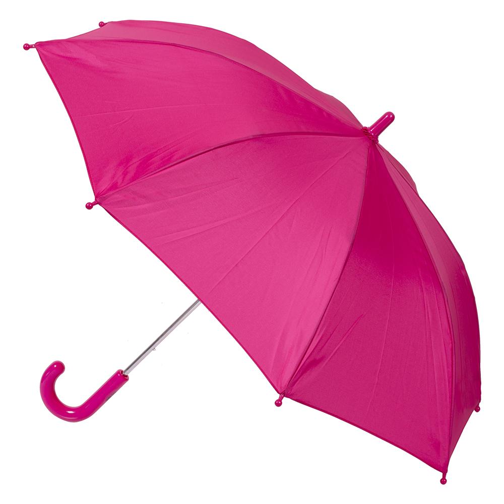 Pink umbrella with a curved handle on a white background. Pink Kid Friendly Umbrella

Kids love this colourful cover and parents love the Kid Safe safety features.
245 grams; 63cm Folded Length; 78cm Coverage Across
Windproof
UPF50+ Treated Pongee Fabric Canopy
Easy-Glide Safety Runner
Simply slide up to open: Slide down to close
Strong Metal Shaft
8 Flexible Fibreglass Ribs
Protective Rounded Safety Rib Tips
Matching Colour Resin Handle
24 Month Manufacturers Warranty