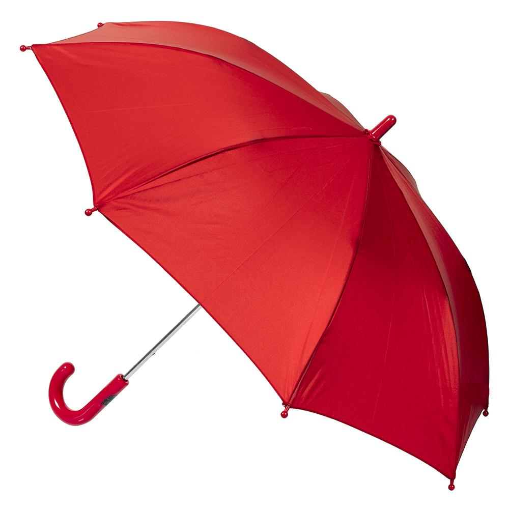 Red umbrella with a curved handle on a white background. Red Kid Friendly Umbrella
Kids love this colourful cover and parents love the Kid Safe safety features.
245 grams; 63cm Folded Length; 78cm Coverage Across
Windproof
UPF50+ Treated Pongee Fabric Canopy
Easy-Glide Safety Runner
Simply slide up to open: Slide down to close
Strong Metal Shaft
8 Flexible Fibreglass Ribs
Protective Rounded Safety Rib Tips
Matching Colour Resin Handle
24 Month Manufacturers Warranty