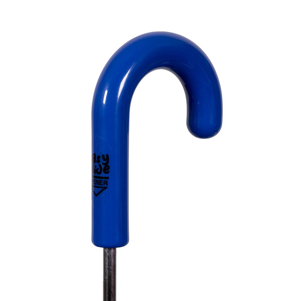 Blue U-shaped umbrella handle on a white background. Royal Blue Kid Friendly Umbrella
Kids love this colourful cover and parents love the Kid Safe safety features.
245 grams; 63cm Folded Length; 78cm Coverage Across
Windproof
UPF50+ Treated Pongee Fabric Canopy
Easy-Glide Safety Runner
Simply slide up to open: Slide down to close
Strong Metal Shaft
8 Flexible Fibreglass Ribs
Protective Rounded Safety Rib Tips
Matching Colour Resin Handle
24 Month Manufacturers Warranty