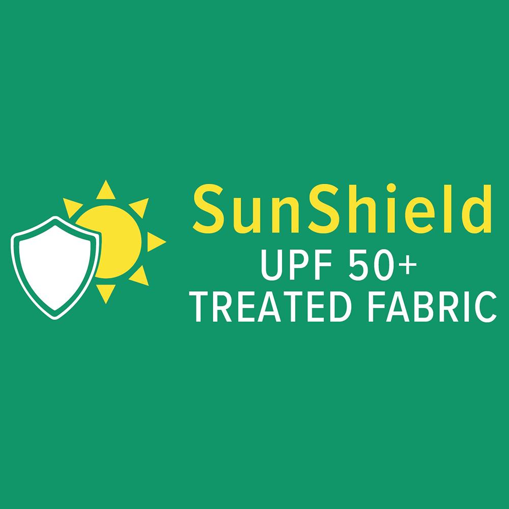 SunShield UPF 50+ treated fabric logo on a green background. 