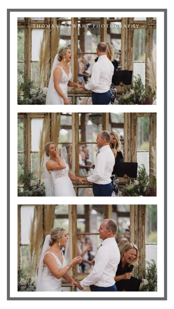 Collage of a couple in wedding attire in a rustic indoor setting with wooden beams.