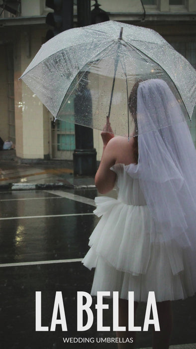 back of bride full body in city under clear dome umbrella video portrait
